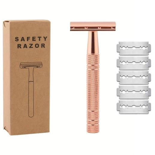Rose Gold Reusable Safety Razor with 5 Blades
